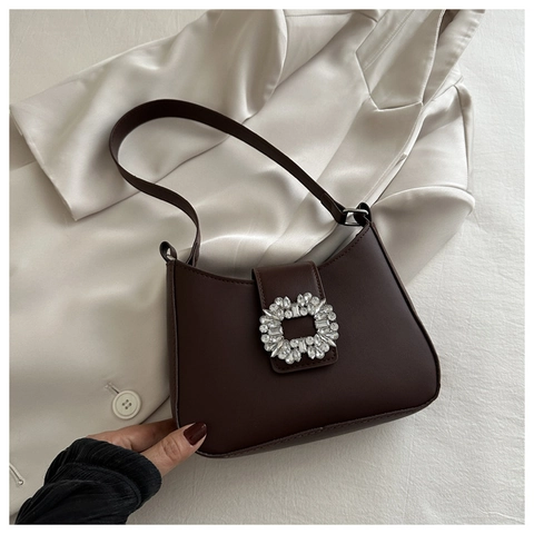 Women PU Leather Shoulder Bag With Square Rhinestone Buckle Hobo Bag Elegant Underarm Bag Fashion Handbag Daily Party Accessory