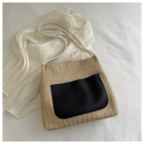 Bolso de Hombro de Paja Tejida para Mujer Hecho a Mano Verano Playa Vacaciones Tote Bag Con Bolsillo de Cuero PU Hebilla Magnética