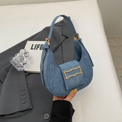 Bolso Hobo de Media Luna para Mujer de Cuero PU Textura Denim Minimalista Color Sólido Hebilla Dorada Bolso de Hombro Moda Diario
