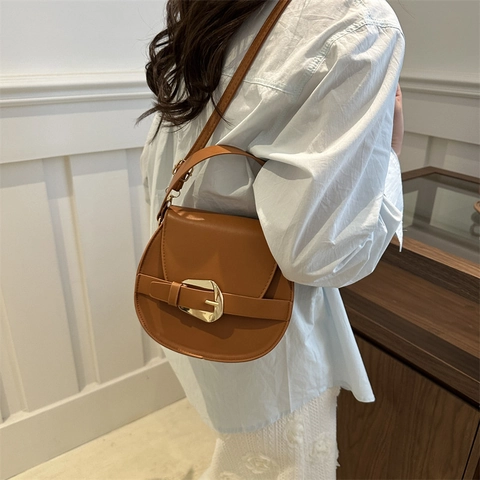 Borsa A Tracolla Sella Donna Pelle PU Manico Fibbia Dorata Elegante Stile Coreano Colore Solido Borsa A Mano