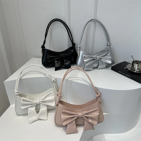 Fashion Bow Underarm Bag For Women Shiny PU Leather Shoulder Bag Elegant Small Square Bag Solid Color Crossbody Bag Handbag