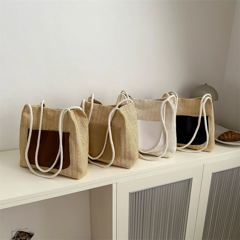 Borsa Tote In Paglia Intrecciata Da Donna Tasca In Pelle PU Grande Capacità Estate Spiaggia Vacanze Borsa A Spalla Corda Di Cotone