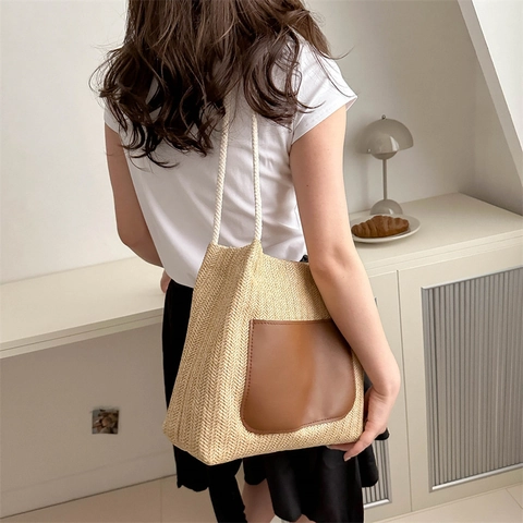 Borsa Tote In Paglia Intrecciata Da Donna Tasca In Pelle PU Grande Capacità Estate Spiaggia Vacanze Borsa A Spalla Corda Di Cotone