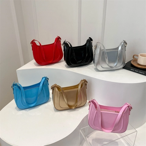 Shiny PU Leather Hobo Underarm Bag For Women Minimalist Half Moon Metallic Patent Shoulder Purse Fashion Daily
