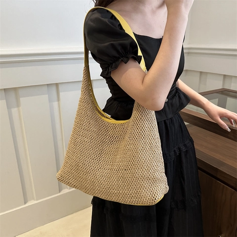 Borsa Hobo In Paglia Intrecciata Donna Grande Capacità Borsa A Spalla In Rete Cava Con Tracolla In Pelle PU Stile Vacanza