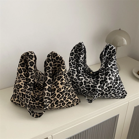 Leopard Print Large Capacity Tote Bag Knitted Fabric Casual Fashion Shoulder Bag For Women