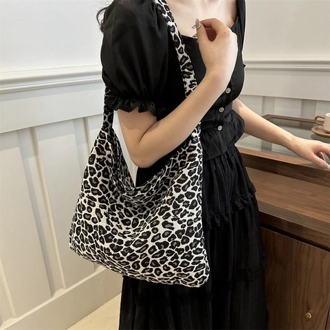 Leopard Print Large Capacity Tote Bag Knitted Fabric Casual Fashion Shoulder Bag For Women