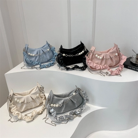 Ruched Pleated Crossbody Bag Women PU Leather Artificial Pearl Flower Chain Shoulder Bag Minimalist Solid Color Cloud Handbag