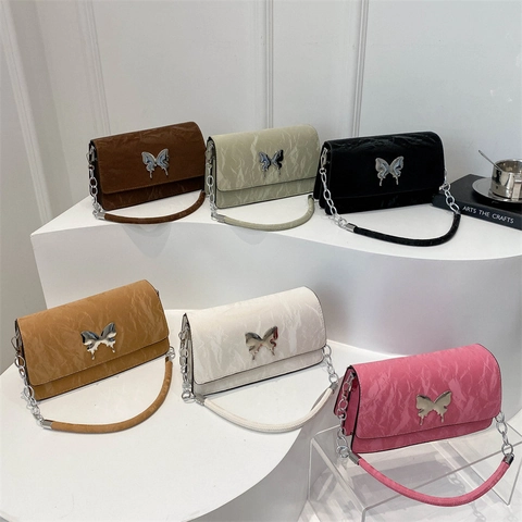 Butterfly Buckle Crossbody Bag PU Leather Crinkled Texture Small Square Underarm Shoulder Purse For Women Trendy