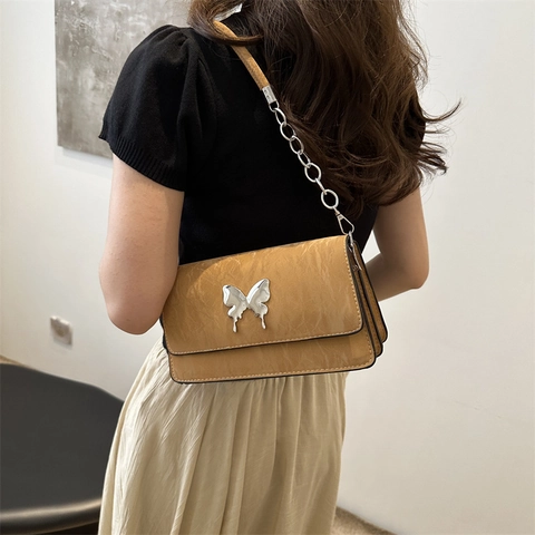 Sac Sous le Bras Papillon en Cuir PU Y2K Sweet Cool pour Femmes Texture Plissée Chaîne Sac à Bandoulière Main Mode