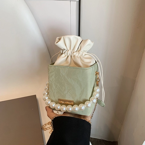 Fashion Women PU Leather Drawstring Bucket Bag Elegant Artificial Pearl Handle Gold Chain Shoulder Crossbody Handbag