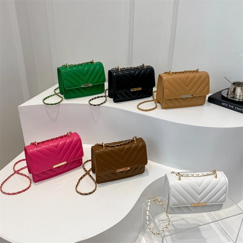 Women Crossbody Bag PU Leather V-Quilted Chevron Pattern Small Square Shoulder Purse Metal Chain Strap Gold Hardware