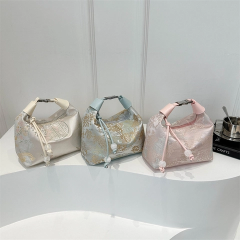 Women Neo-Chinese Style Crossbody Bag Jacquard Fabric PU Leather Retro Landscape Floral Print With Artificial Pearl Bead Decor