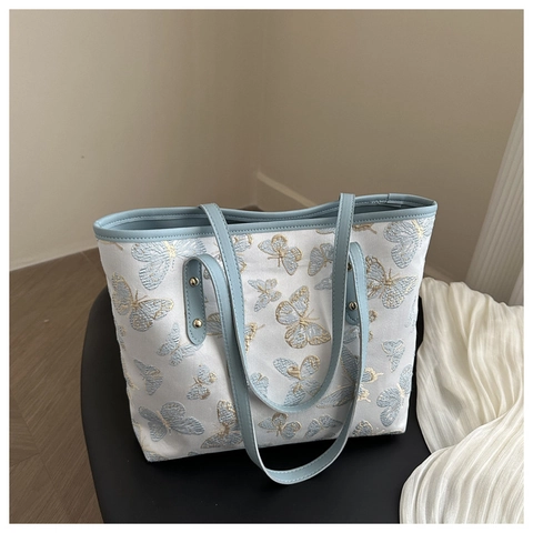 Butterfly Embroidery Women Tote Bag Large Capacity PU Leather Jacquard Shoulder Handbag Casual Elegant