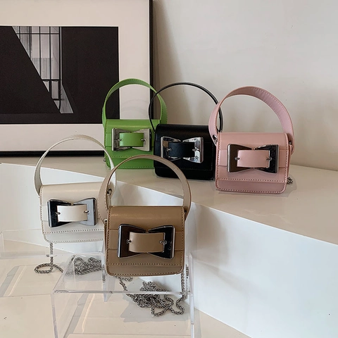 Mini Crossbody Bag Women PU Leather Small Square Purse With Large Metal Buckle Fashion Chain Shoulder Bag Versatile