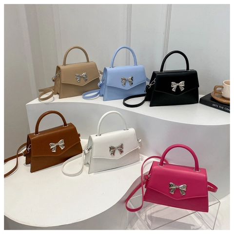 Women's PU Leather Handbag With Metal Bow Decoration Square Shoulder Crossbody Bag For Daily Commuting Elegant Lady Tote