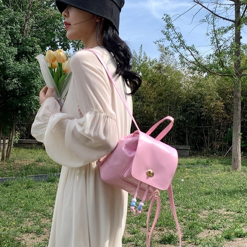 Mini Zaino Donna Pelle PU Chic Stile Coreano Chiusura A Girello Coulisse Con Perle Colorate Versatile