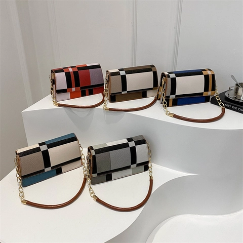 Bolso Bandolera Mujer Cuero PU Bloque De Color Geométrico Patrón De Cuadros Cadena Dorada Bolso Cuadrado Pequeño Para Axila