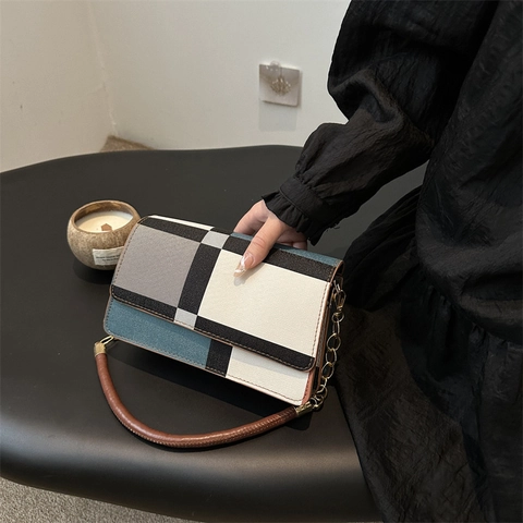 Bolso Bandolera Mujer Cuero PU Bloque De Color Geométrico Patrón De Cuadros Cadena Dorada Bolso Cuadrado Pequeño Para Axila