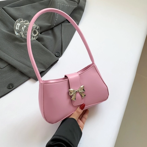 Damen Baguette Tasche PU Leder Metall Schleife Dekor Unterarm Schultertasche Y2K Trendige Kleine Quadratische Handtasche