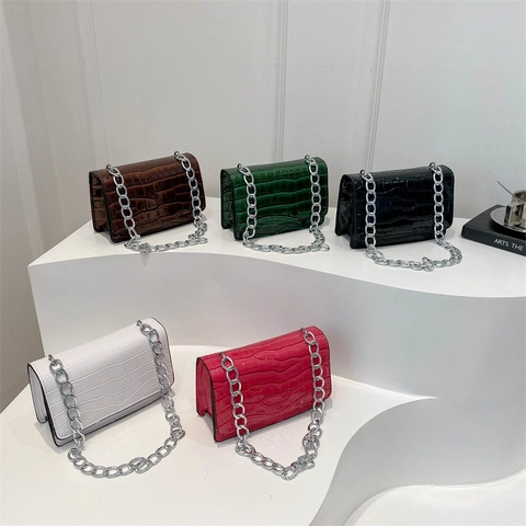 Crocodile Texture PU Leather Crossbody Bag Simple Flap Small Square Shoulder Bag With Thick Silver Metal Chain For Women