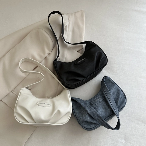 Women Hobo Shoulder Bag Pleated Crescent Half Moon Design PU Leather Fabric Minimalist Korean Style Underarm Purse