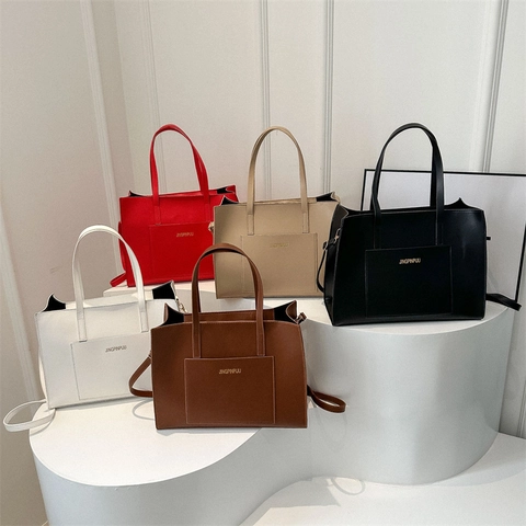 Women Large Capacity PU Leather Tote Bag With Top Handle And External Pocket Solid Color Shoulder Handbag
