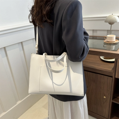 Women Large Capacity PU Leather Tote Bag With Top Handle And External Pocket Solid Color Shoulder Handbag