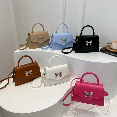 Women PU Leather Handbag Crossbody Bag Fashion Sweet Metal Bowknot Small Square Purse With Handle Adjustable Strap