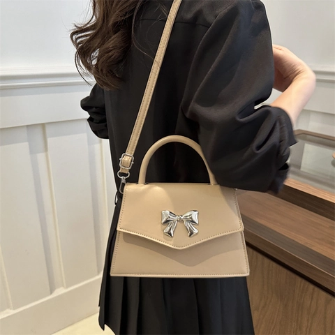 Women PU Leather Handbag Crossbody Bag Fashion Sweet Metal Bowknot Small Square Purse With Handle Adjustable Strap