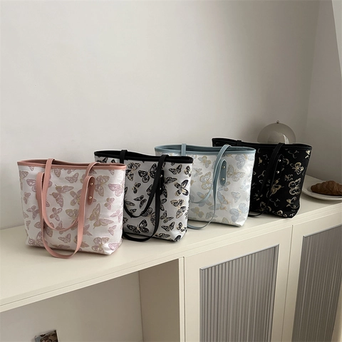 Large Capacity Tote Bag Butterfly Embroidery PU Leather Handbag Shoulder Bag Vintage Style For Women