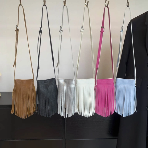 Women Tassel Crossbody Bag PU Leather Small Mobile Phone Bag Bohemian Style Adjustable Strap Multi Color