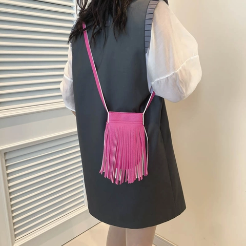 Women Tassel Crossbody Bag PU Leather Small Mobile Phone Bag Bohemian Style Adjustable Strap Multi Color