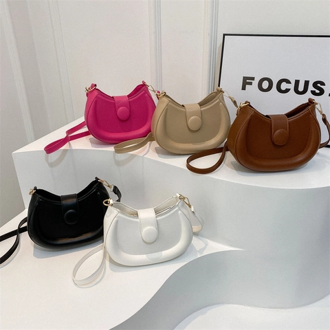 Women's Crescent Crossbody Bag Minimalist PU Leather Half Moon Shoulder Bag With Round Buckle Fashion Chic