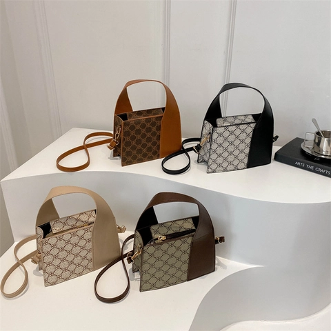 Damen Vintage Monogramm Handtasche PU Leder Leinwand Patchwork Umhängetasche Box Bag Breiter Griff Elegante Pendler Schultertasche