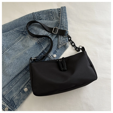 Fashion Women Oxford Cloth Shoulder Bag Solid Color Casual Crossbody Bag With Plastic Chain Decor Adjustable Strap Zipper Handbag