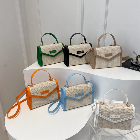 Moda Donne Paglia Intrecciata Borsa A Tracolla PU Pelle Patchwork Patta Borsa A Mano Estate Vacanza Casual Messaggero Quadrato