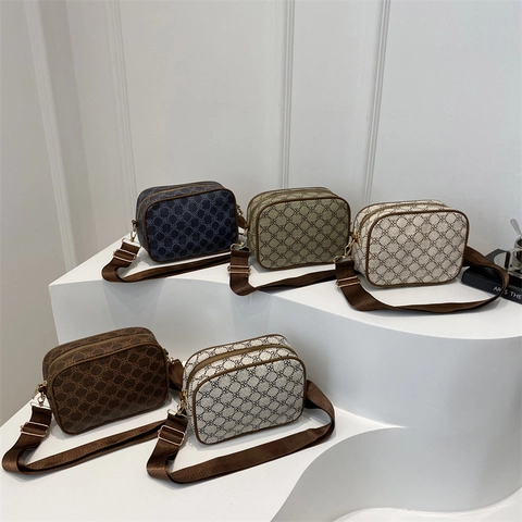 Vintage Monogram Clover Crossbody Camera Bag Wide Webbing Strap PU Leather Small Square Zippered Shoulder Bag Women