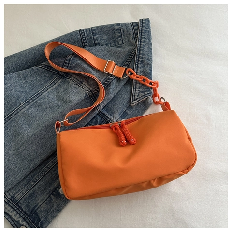 Fashion Women Oxford Cloth Shoulder Bag Solid Color Casual Crossbody Bag With Plastic Chain Decor Adjustable Strap Zipper Handbag
