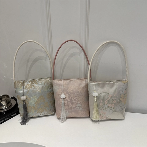 Borsa A Tracolla Jacquard Stile Cinese Retrò Donna Ricamo Raso Motivo Paesaggio Ciondolo Nappa Borsa A Mano Sottobraccio Vintage