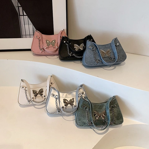 Butterfly Metal Buckle Baguette Shoulder Bag Y2K Vintage Denim PU Leather Underarm Purse With Chain Decor For Women