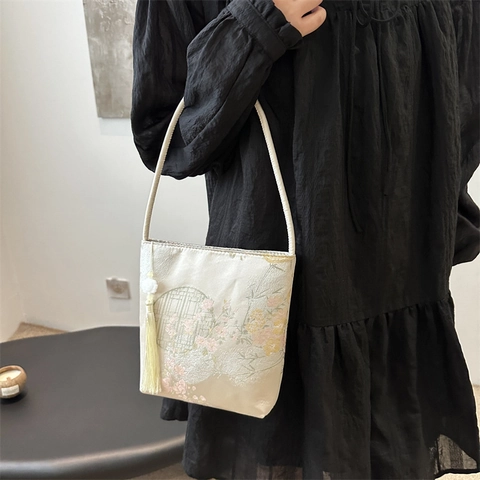New Chinese Style Women Handbag Jacquard Satin Underarm Bag With Tassel Traditional Embroidery Vintage Floral Patterns