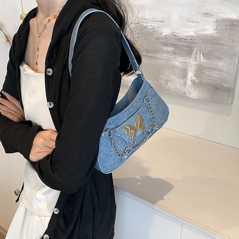 Butterfly Metal Buckle Baguette Shoulder Bag Y2K Vintage Denim PU Leather Underarm Purse With Chain Decor For Women