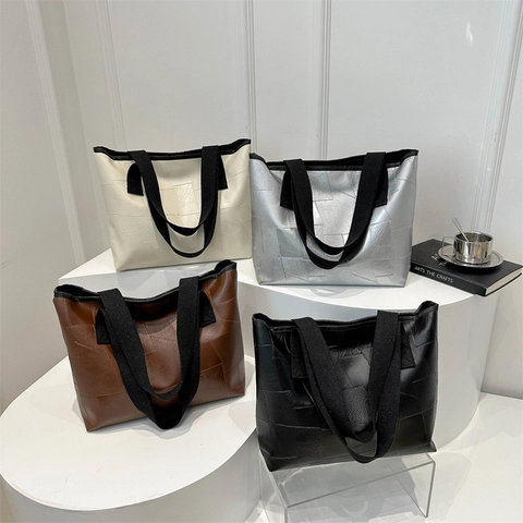 Sac Fourre-tout En Patchwork Géométrique Cuir PU Grande Capacité Sac À Main Pour Femme Trajet Quotidien Chic