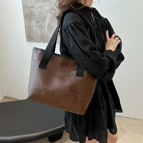 Sac Fourre-tout En Patchwork Géométrique Cuir PU Grande Capacité Sac À Main Pour Femme Trajet Quotidien Chic