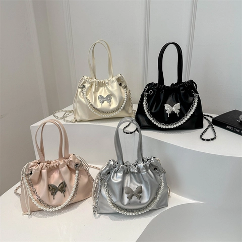 Bolso De Cubo De Perlas Artificiales Y Mariposa Para Mujer Bolso De Mano Cruzado De Cuero PU Con Cordón Elegante