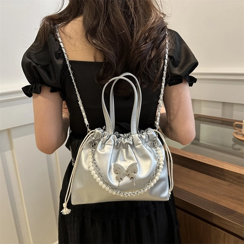 Bolso De Cubo De Perlas Artificiales Y Mariposa Para Mujer Bolso De Mano Cruzado De Cuero PU Con Cordón Elegante