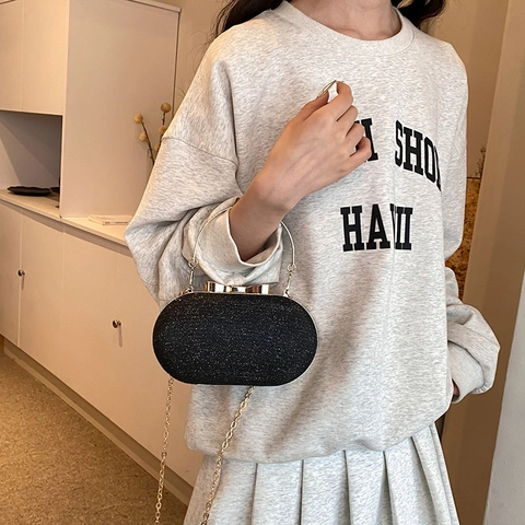 Elegante Bolso De Noche Para Mujer Cartera De Mano Purpurina PU Ovalado Con Cierre De Lazo Asa De Anillo Y Cadena