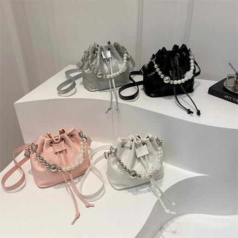 Women Artificial Pearl Handle Drawstring Bucket Bag PU Leather Metallic Crossbody Shoulder Handbag Elegant Fashion Trendy