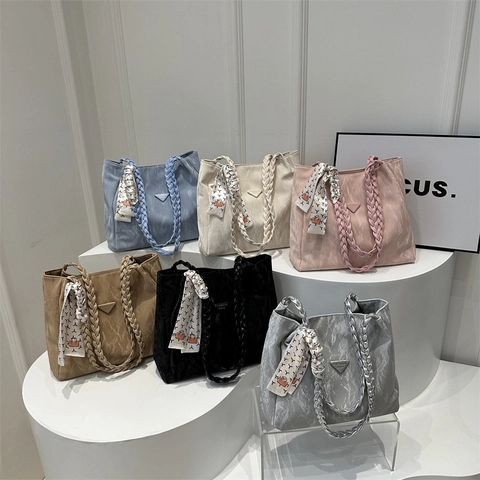 Women Pleated PU Leather Tote Bag With Braided Handle Decorative Scarf Triangle Logo Trendy Shoulder Bag